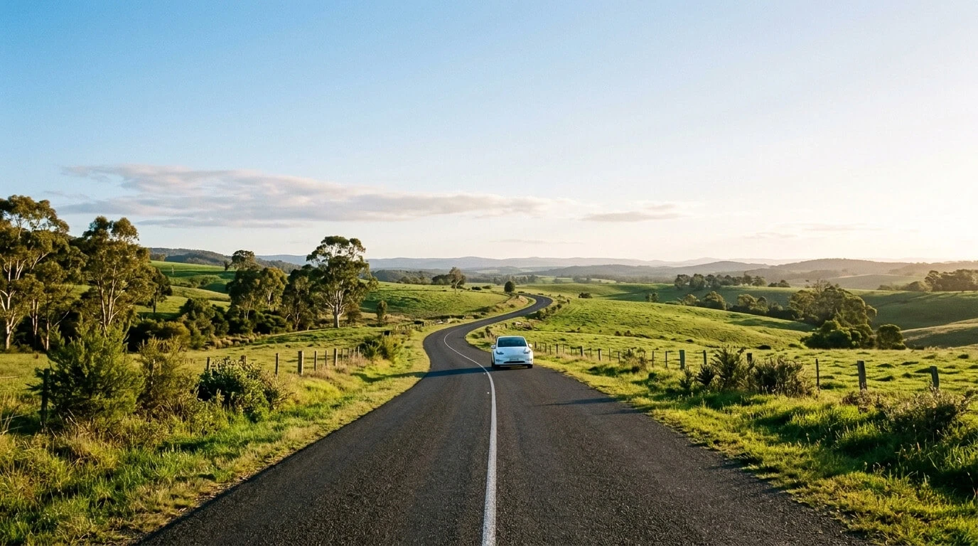 Solar powered car on quiet country road