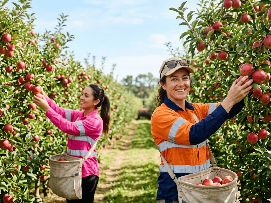 Two people picking apples in an Australian orchard