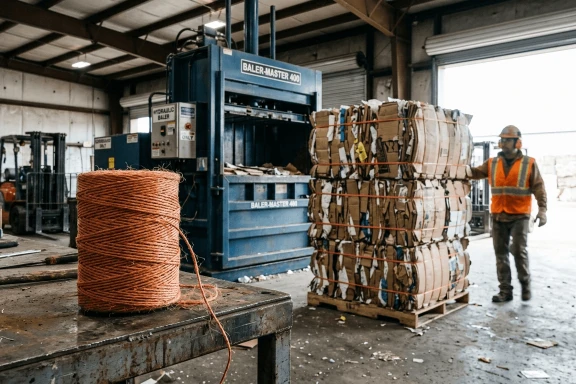 a pallet of compressed cardboard boxes tied with orange twine