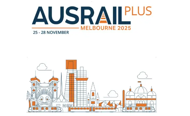 AusRAIL PLUS 2025 event branding with an illustrated Melbourne skyline and trams, dated 25 to 28 November.
